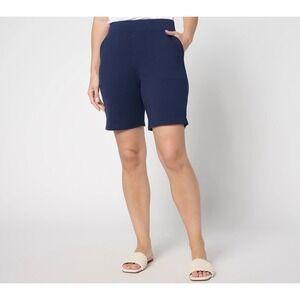 EasyWear French Terry Knit Pull On Shorts Navy Blue XL Front Pockets Side Slits